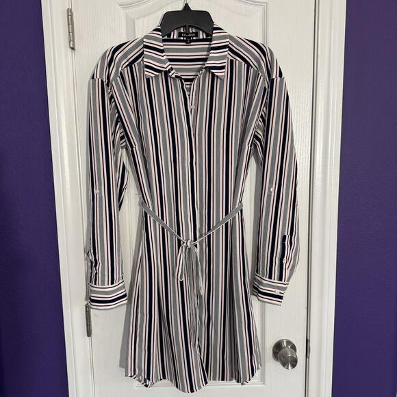EXPRESS Striped Red White Blue Button Shirt Dress Tie Waist Roll Tab Size Medium - Picture 1 of 9